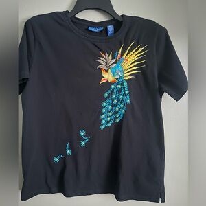 Karen Scott Black Top with Colorful Peacock Embroidery, Beading and sequins M